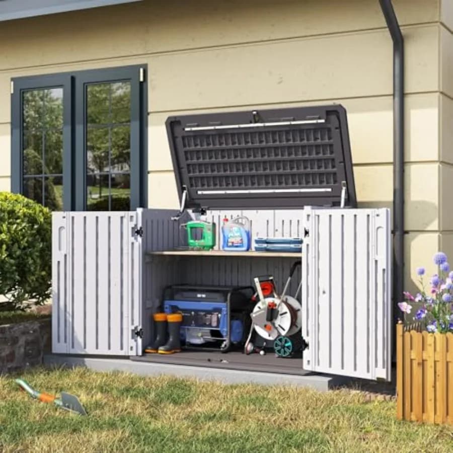 Armadio per Esterni da 35 Cu.Ft, Contenitore per Rifiuti da Esterno, Casetta Impermeabile per Stoccaggio Orizzontale, Ripostiglio Esterno per Rifiuti