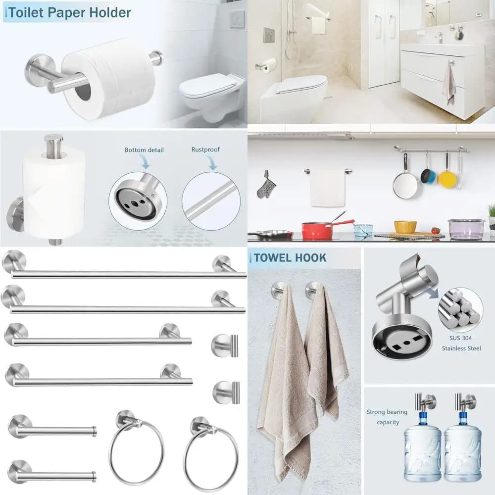 Set di accessori da bagno in nichel spazzolato da 24 pollici con portasciugamani, anello, porta carta igienica e gancio per accappatoio, realizzato in acciaio inossidabile SUS304