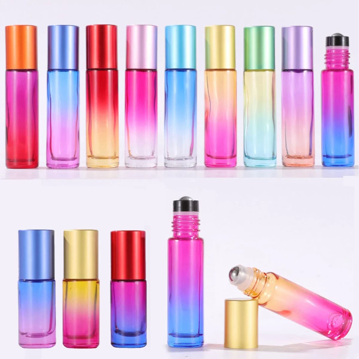 1X 10x 20X 10ml Gradient Color Refillable Glass Essential Oil Roller Bottles With Metal Roller Ball for Fragrance Perfume