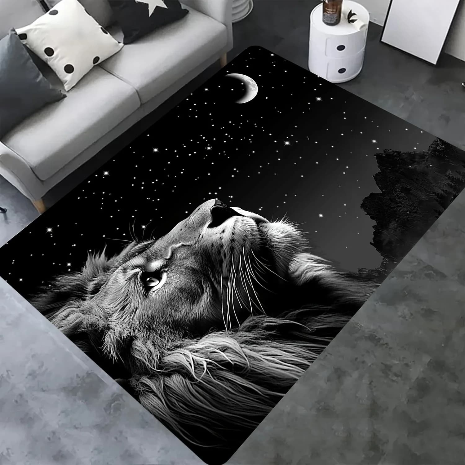 Lion Moon Starry Sky Flannel Rug Black White Animal Area Carpet Soft Non-slip Floor Mat for Living Room Bedroom Home Decor