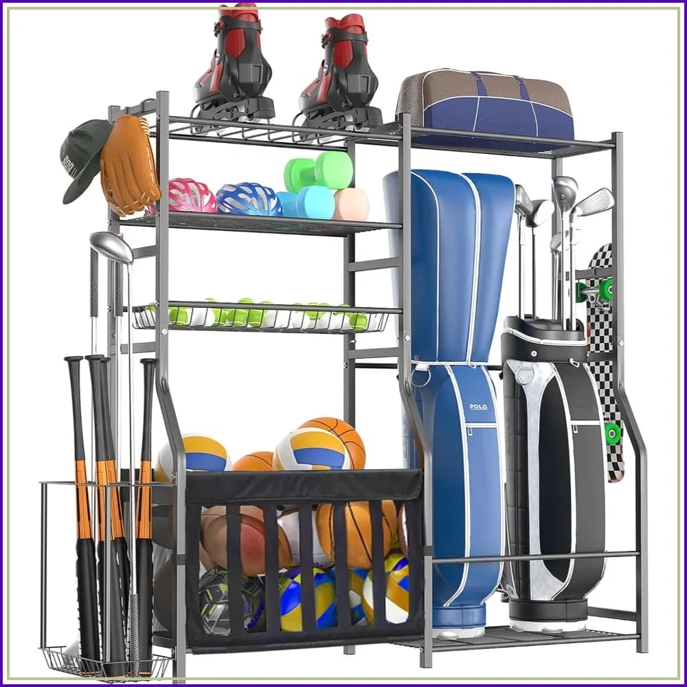 Heavy Duty Garage Sports Equipment Organizer, All-in-One Golf Bag Storage Rack & Multi-Sport Ball Holder for Basketballs, Bats, Indoor/Outdoor Free Standing Gear Bin