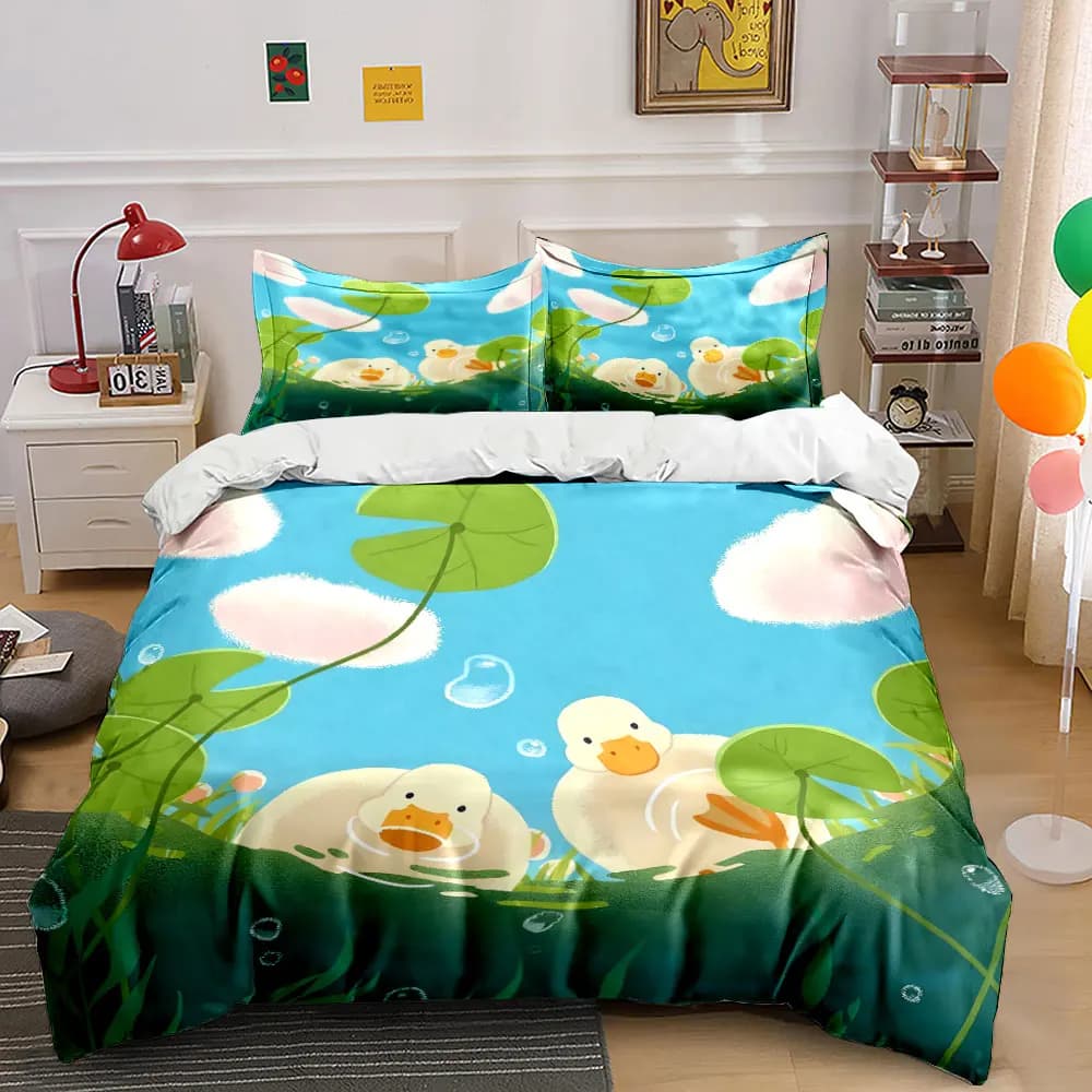Anatre, ninfee, acqua. Set di Biancheria da Letto Stampata: 1 Copripiumino e 2 Federe per Adulti e Bambini, Regalo di Lusso, Misura Completa