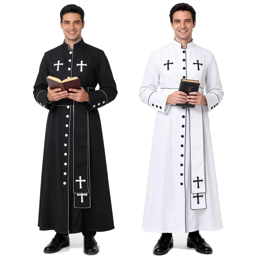 Medieval Pure Priest Cosplay Cpstume Woman Pastor Church Black Robe Clergy Ladies Roman Cassock Belt Halloween Purim Party Suit