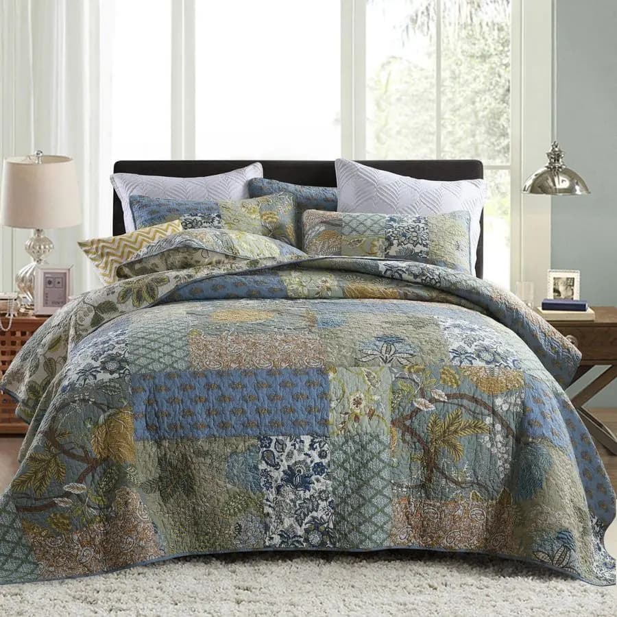 100% Cotton Queen Size Cover Set, Green Sauce, 90x98 Dust Cover with 2 Loyalty, Patchwork Reversible