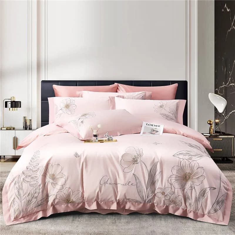 Set di Biancheria da Letto di Lusso in Cotone Egiziano 600TC con Ricamo Floreale Rosa, Copripiumino, Lenzuolo/Lenzuolo con Angoli e Federe, 4 Pezzi, Misure Queen e King