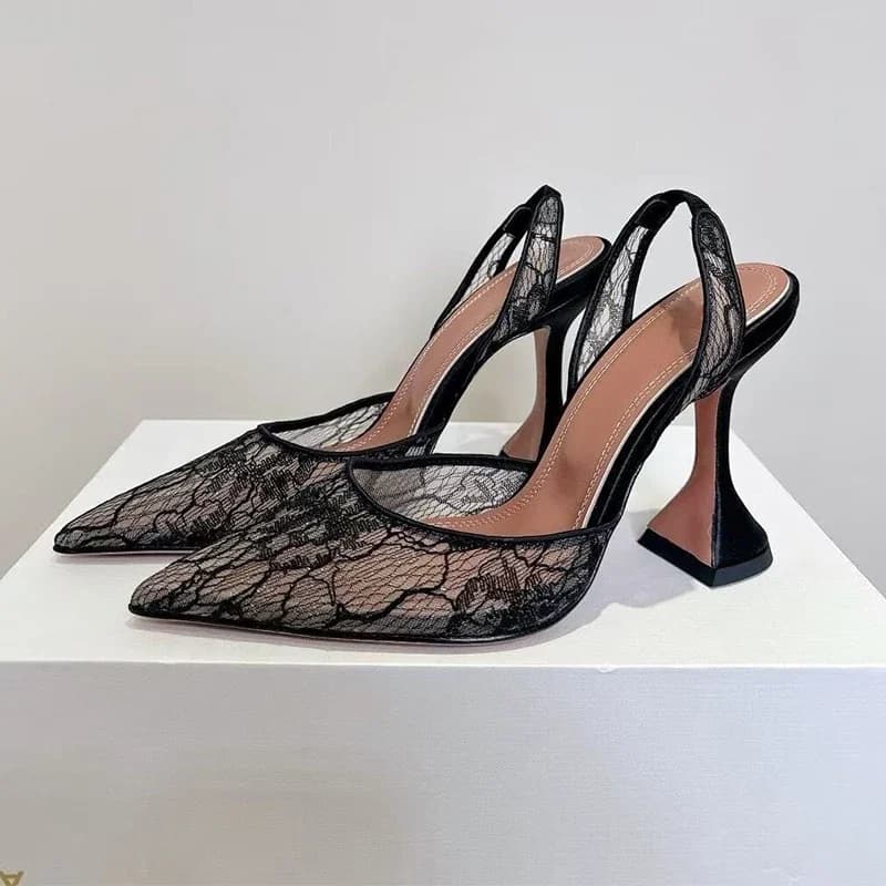 Runway Cup High Heel Pumps Women Pointed Toe Mesh Gauze Back Strap Slingback Sandals Ladies Sexy Party Banquet Dress Shoes