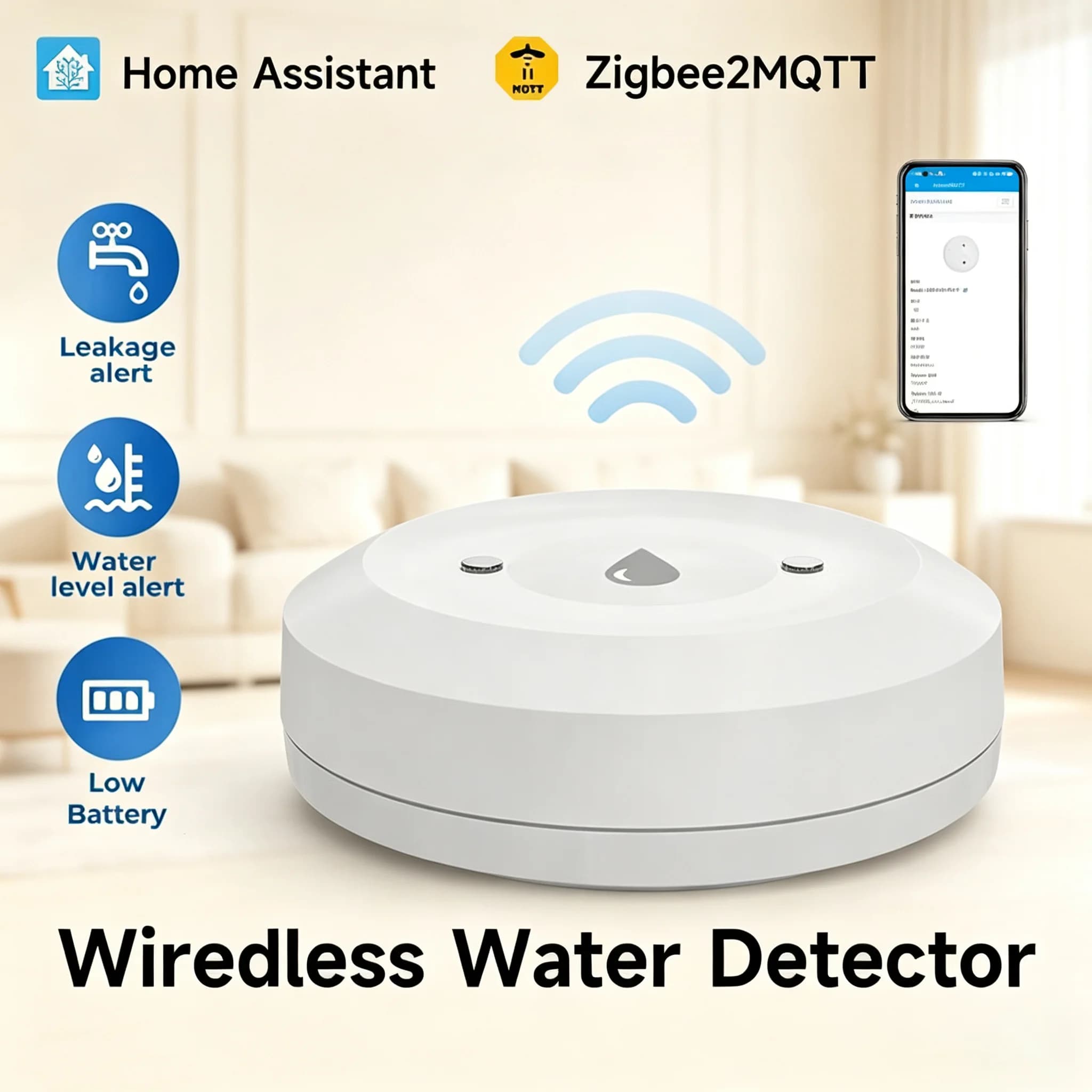 Rilevatore di perdite d'acqua Smart Zigbee, sensore di allagamento con monitoraggio remoto e allarme per cucina e bagno, supporta Home Assistant e Zigbee2mqtt
