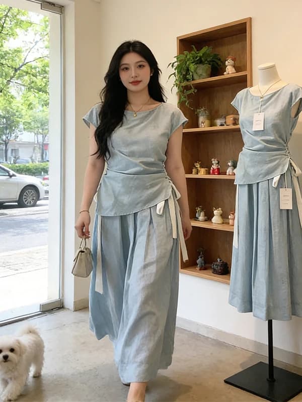 Blue Gathered Waist Top And Belted Skirt Two Piece Set plus Size Summer Fashion Women's Clothing Unique Beautiful Design