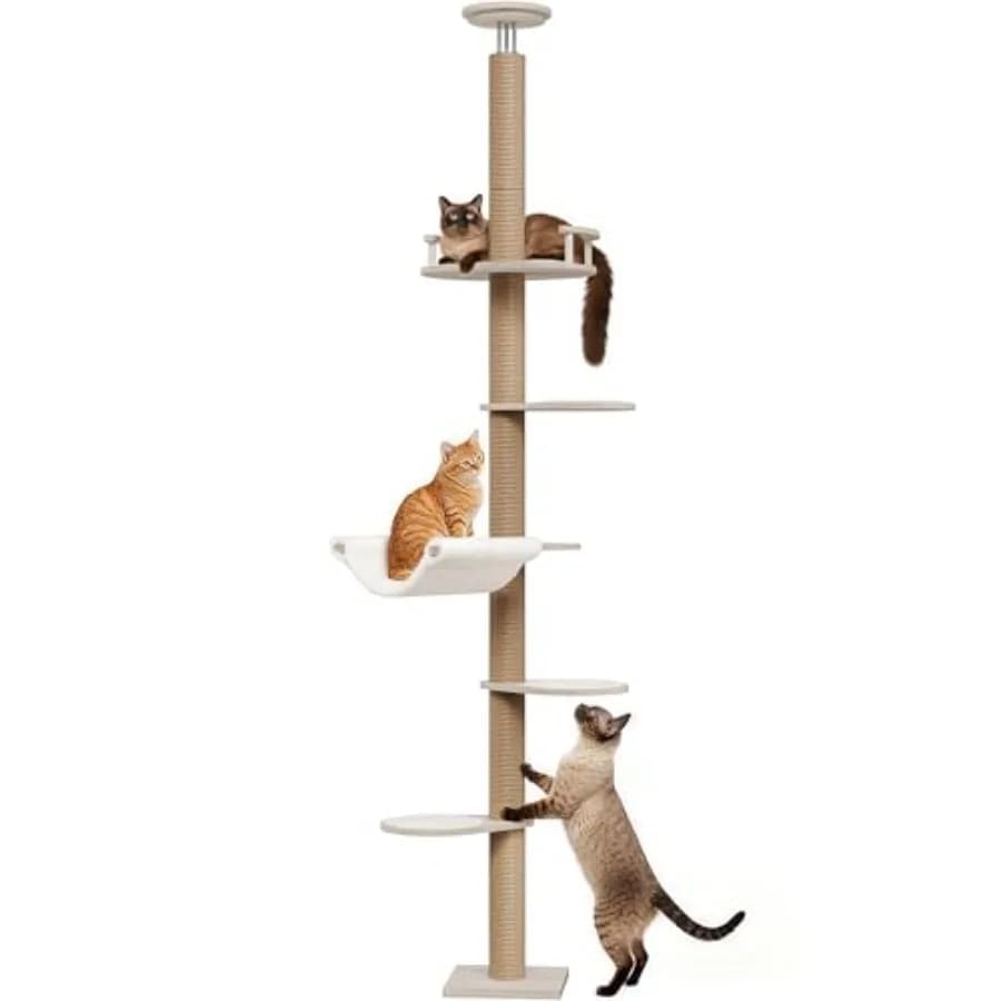 Albero per Gatti Regolabile da Pavimento a Soffitto, Altezza 76-108 Pollici, Torre in Legno a 5 Livelli con Piattaforme Antiscivolo, Ampia Piattaforma Superiore e Amaca in Peluche