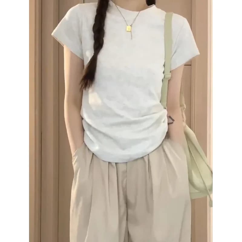 American Style Slim Fit Short Sleeve T-Shirt Women's Casual Sweet And Spicy Fashionable Versatile Summer Top in Grey