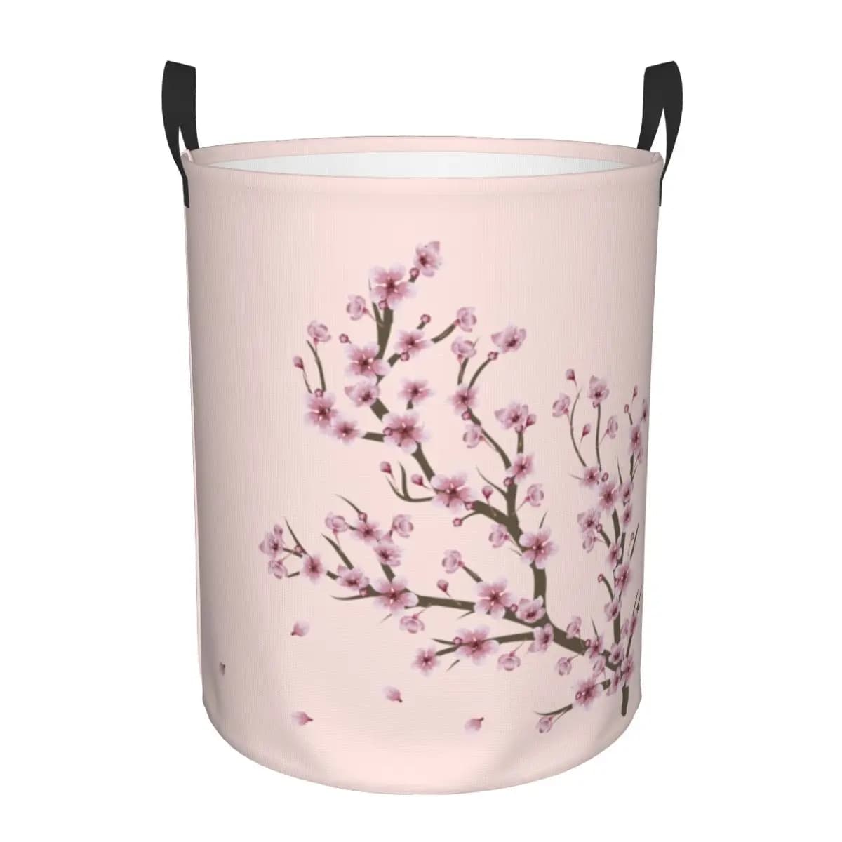Foldable linen basket with Sakura branch in custom flower, basket for clothes with Japanese flowers in cherry blossom for children's toy container