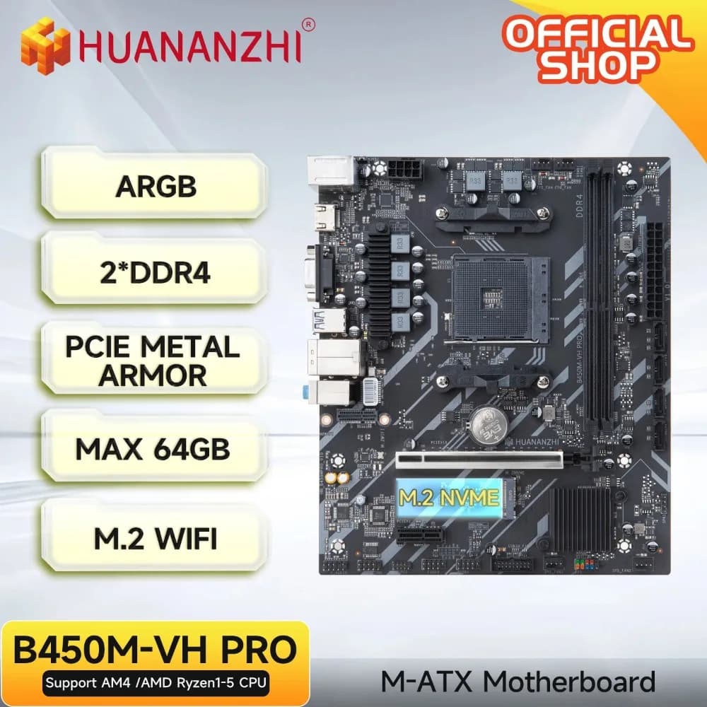 HUANANZHI AMD B450M VH pro Scheda madre da gioco USB3.0 M.2 NVMe SATA3 Supporto Ryzen 5500 5600 5600G CPU Scheda madre da gioco