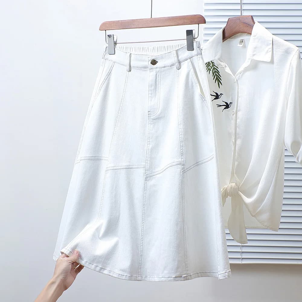 plus Size Denim Skirt High Waist A-Line Midi Skirt Fashionable Retro Style Women's Commute Artistic Embroidery Casual Other M...