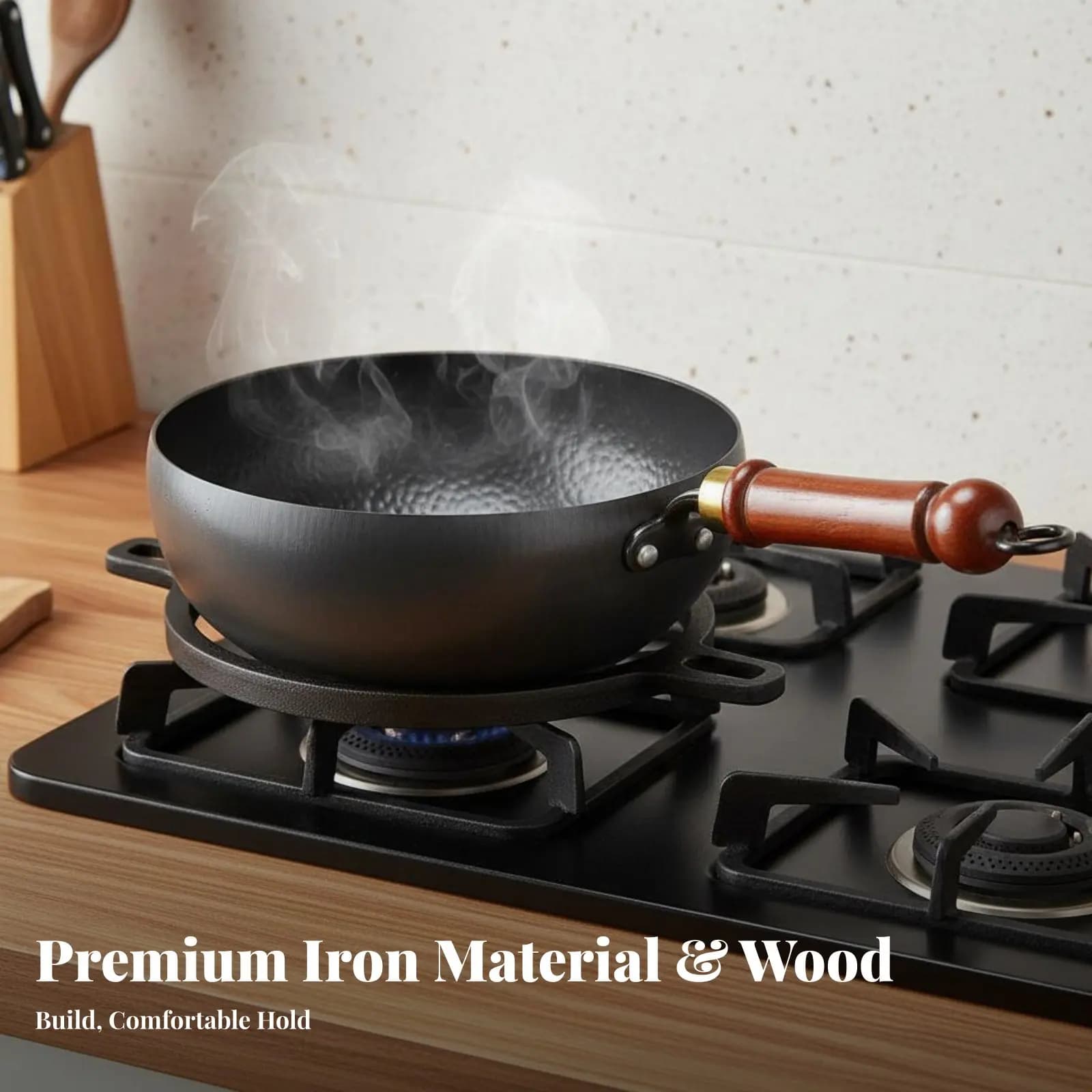 Wok in Iron Beat to Hand Easy to Clean, Deep Plate to Jump in Padella with Manico Anti-scottatura Included