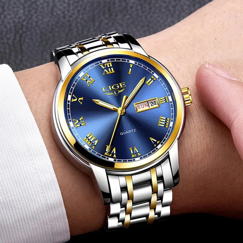 LIGE Brand Top Luxury Quartz Man Watch Fashion Business Stainless Steel Bracelet Men's Watch Casual Waterproof Dial Watch + Box