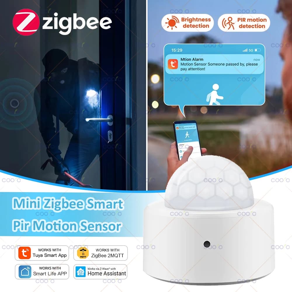 Tuya Zigbee Sensore di movimento 2 in 1 con rilevamento Pir + Lux Sensore a infrarossi per il corpo umano Sensore rilevatore di sicurezza antifurto