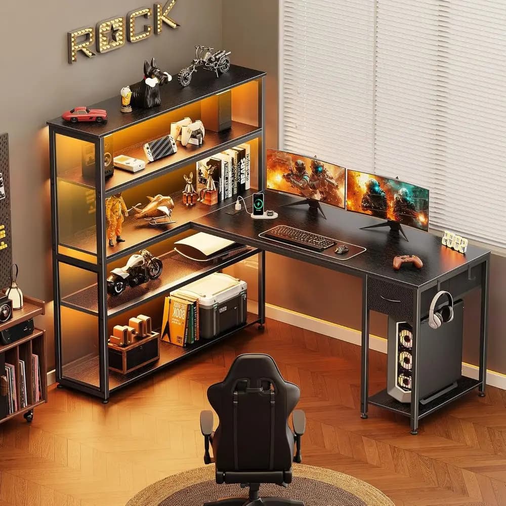 57 L-Shaped Gaming Desk with Open Cabinet, Power Outlets, LED Lights, Adjustable Shelves, Black