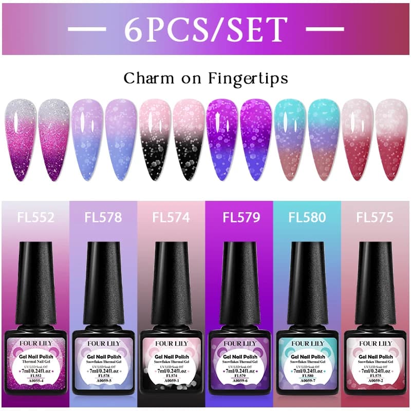 Set di 6 Smalti Gel Termici Effetto Fiocchi di Neve, Forniture per Unghie UV LED, Smalto a Lunga Durata di Qualità Professionale, Design per Manicure Fai-da-Te