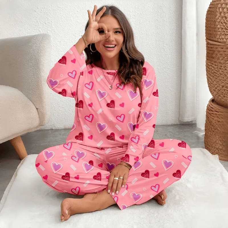 Heart Print Plus Size Women Loungewear Polyester Heart Print Plus Size Women Loungewear Long Sleeve Cuffed Pants Two Piece Set