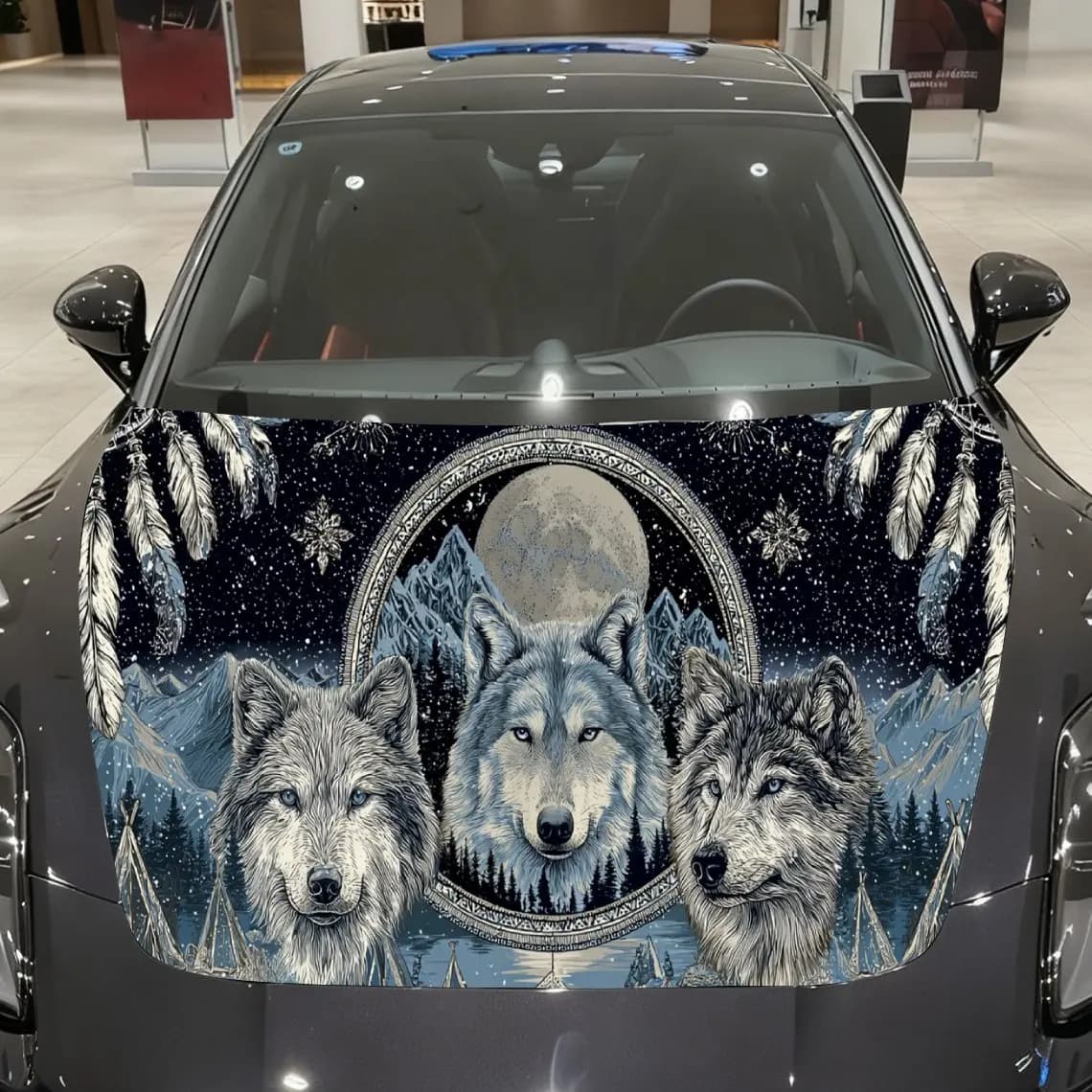 Wolf Pack with Dreamcatcher Car Hood Wrap, Native American Moonlight Scene Car Hood Decal, Wildlife Car Exterior Accessory, Auto
