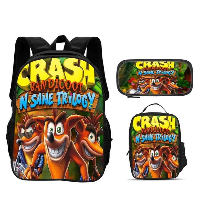 Crash Bandicoot backpack, pencil case, ice pack, 3Pcs Set, cartoon print, new trend, best school companion for students