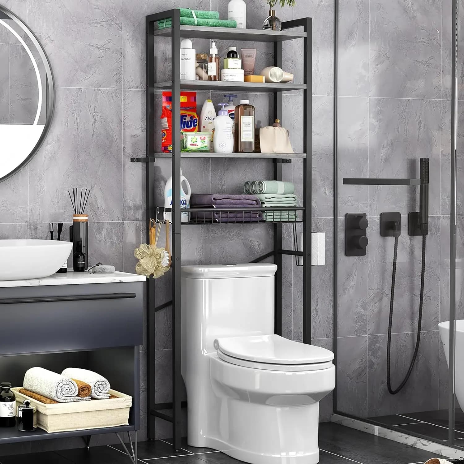 4 level storage shelves to be placed above the toilet with adjustable shelves and basket, self-supporting bathroom organizer in pure grey