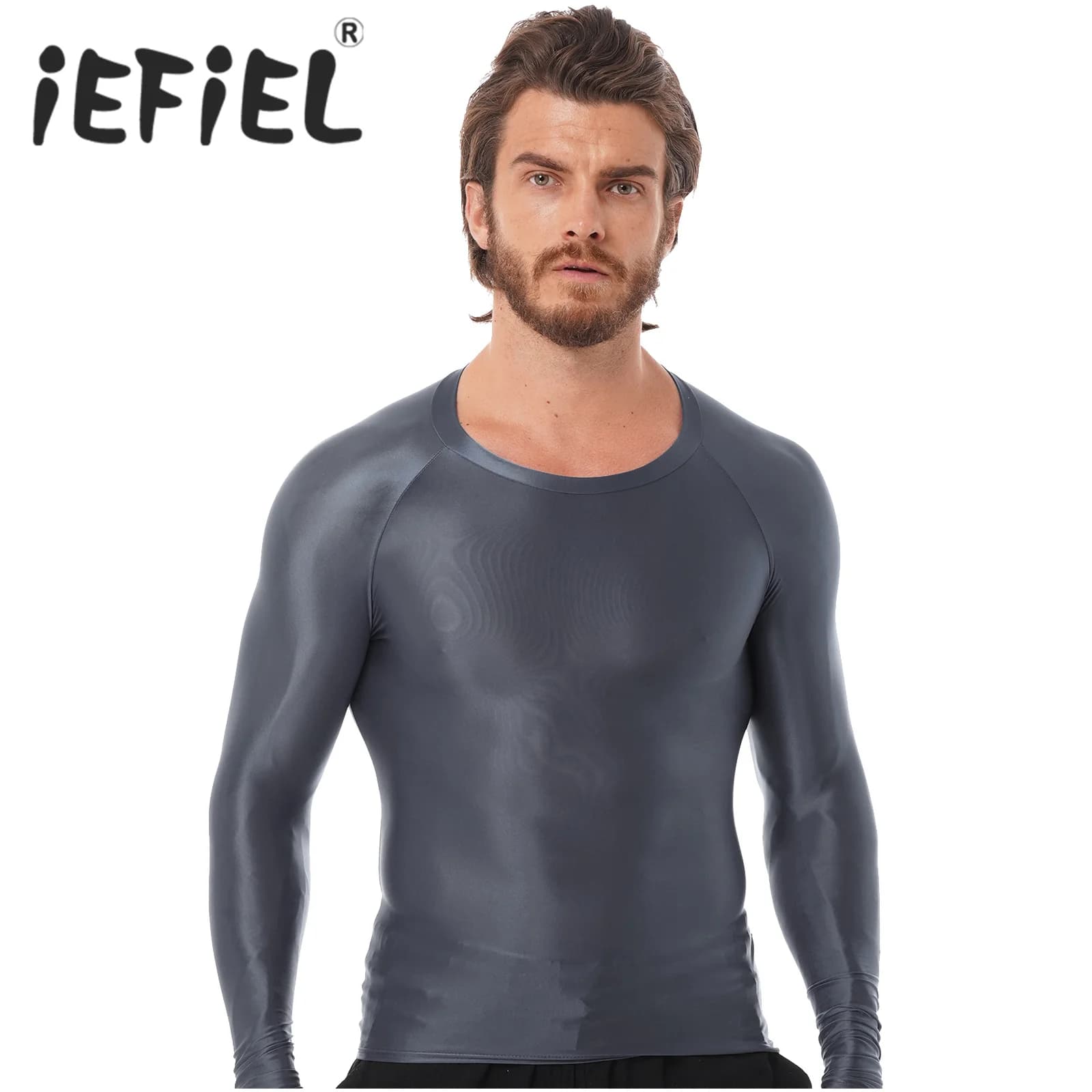 Top sportivi lucidi da uomo T-shirt a maniche lunghe tinta unita slim fit traspirante fitness ginnastica allenamento top yoga costumi da bagno da spiaggia