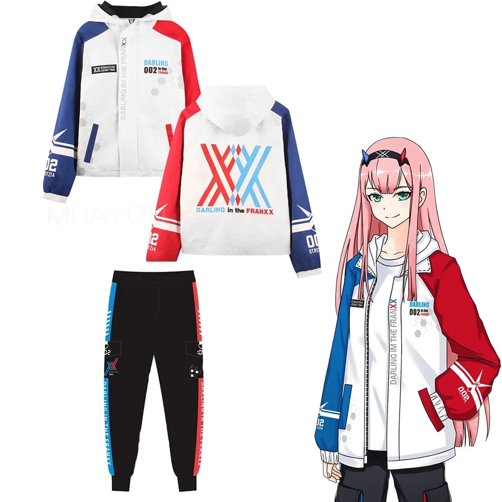 Darling in the Franxx Zero Two 02 Costume Cosplay Giacca con cerniera Felpa con cappuccio calda e spessa Cappotto a maniche lunghe Top Pantaloni Abito