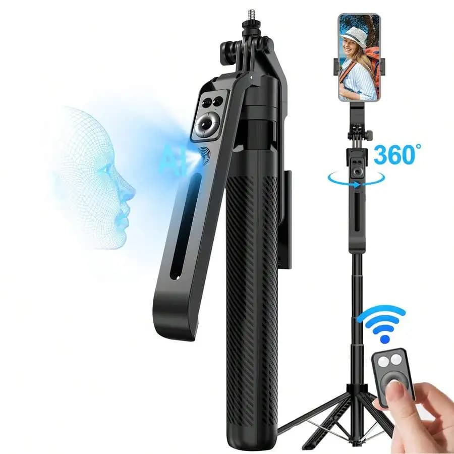 Treppiede con tracciamento automatico del volto e rotazione a 360°, supporto per telefono con tracciamento del movimento AI 70.86, bastone selfie con rotazione e telecomando, supporto per telefono con sensore di movimento, per Vlog, Live Stream, Registrazione Video, Creatori di contenuti (Nero) per vacanze estive, viaggi, attività all'aperto