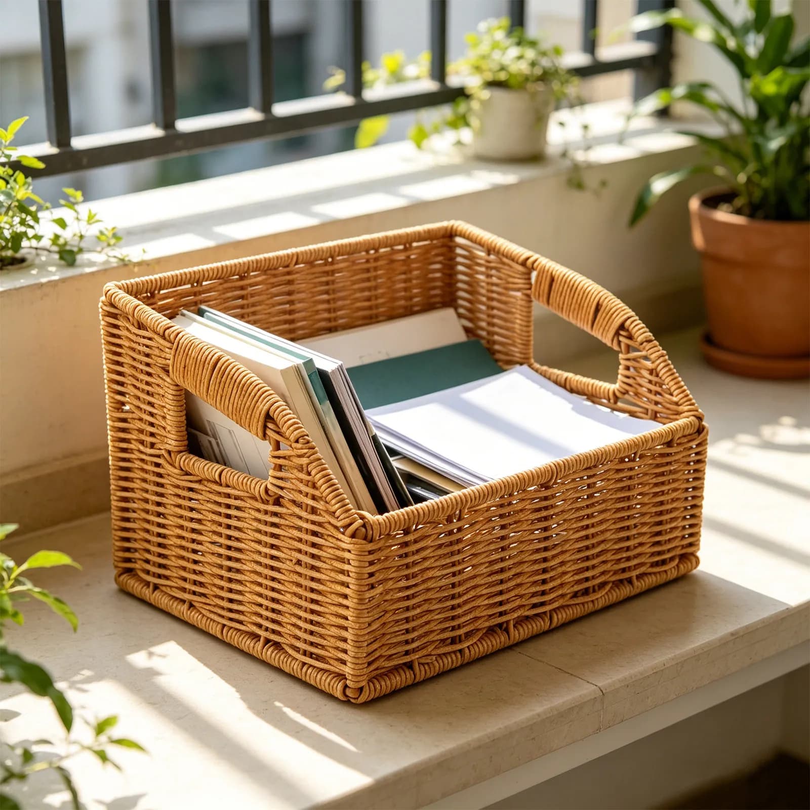 Rectangle Imitation Rattan Storage Basket Weaving Slant Magazine Holder Desktop Organizer Office Document Book Shelf Storage