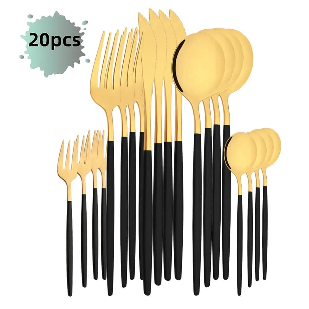 Set di posate da 20 pezzi in oro nero, coltello da pranzo in acciaio inossidabile, forchetta da frutta, cucchiaio, set di posate da cucina