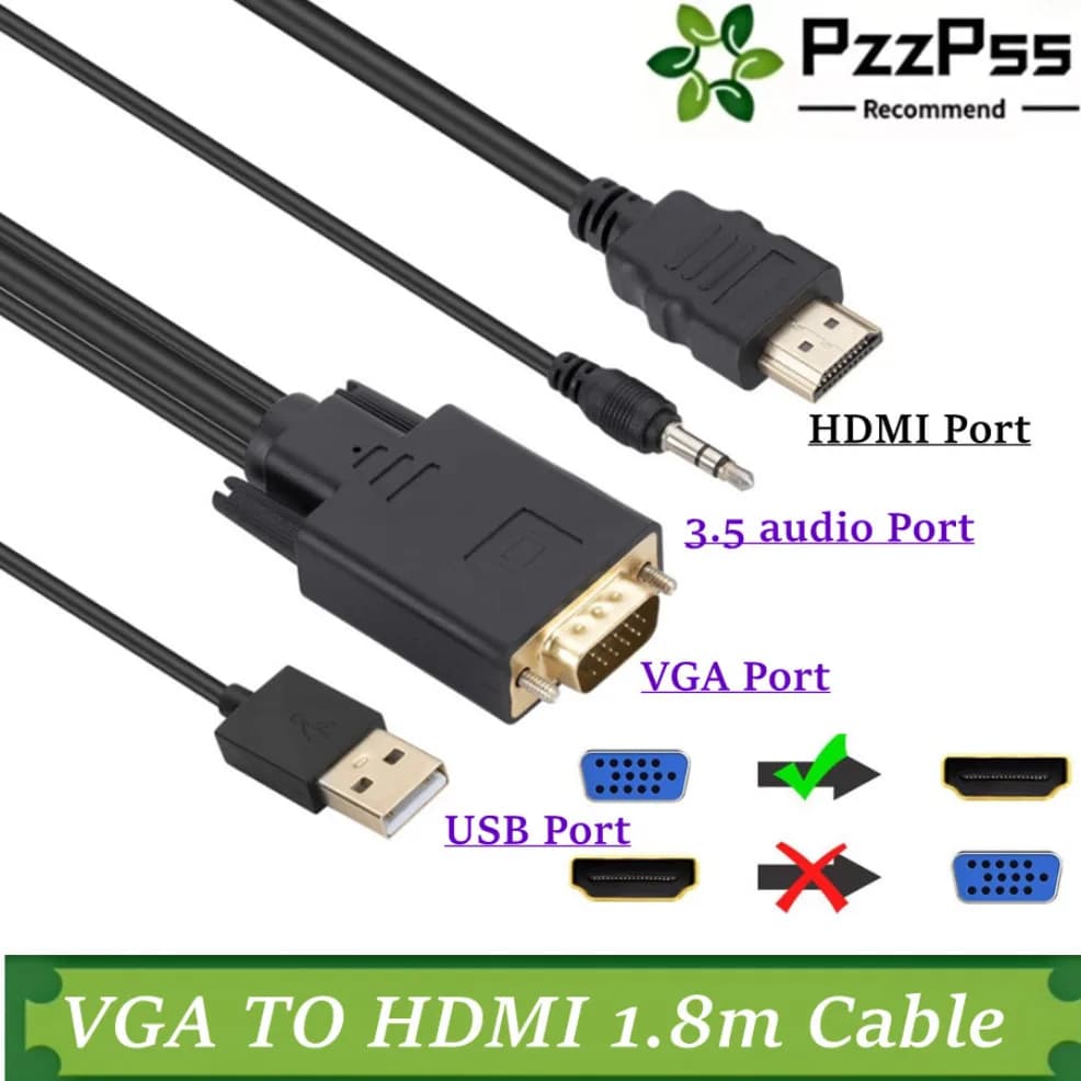 Cavo Adattatore VGA a HDMI da 1,8M HD 1080P con Alimentazione USB e Audio, Cavo VGA Maschio a HDMI Maschio per PC TV Laptop Monitor Proiettore