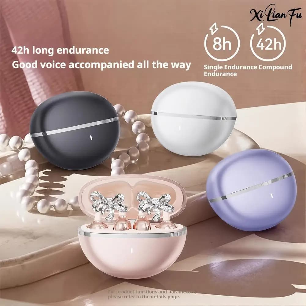 Bluetooth Headphones Brilliant Bow Clip Fashionable Wireless Headphones IPX5 Waterproof HD Sound for Women Girls Gym Race