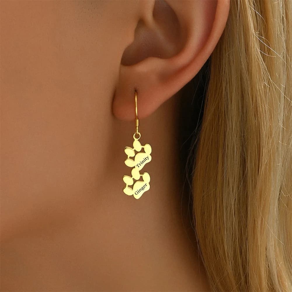 Custom Earrings with Cat Footprint, Earrings with Laser Name, Women Couple Jewelry, Valentine's Day Gifts