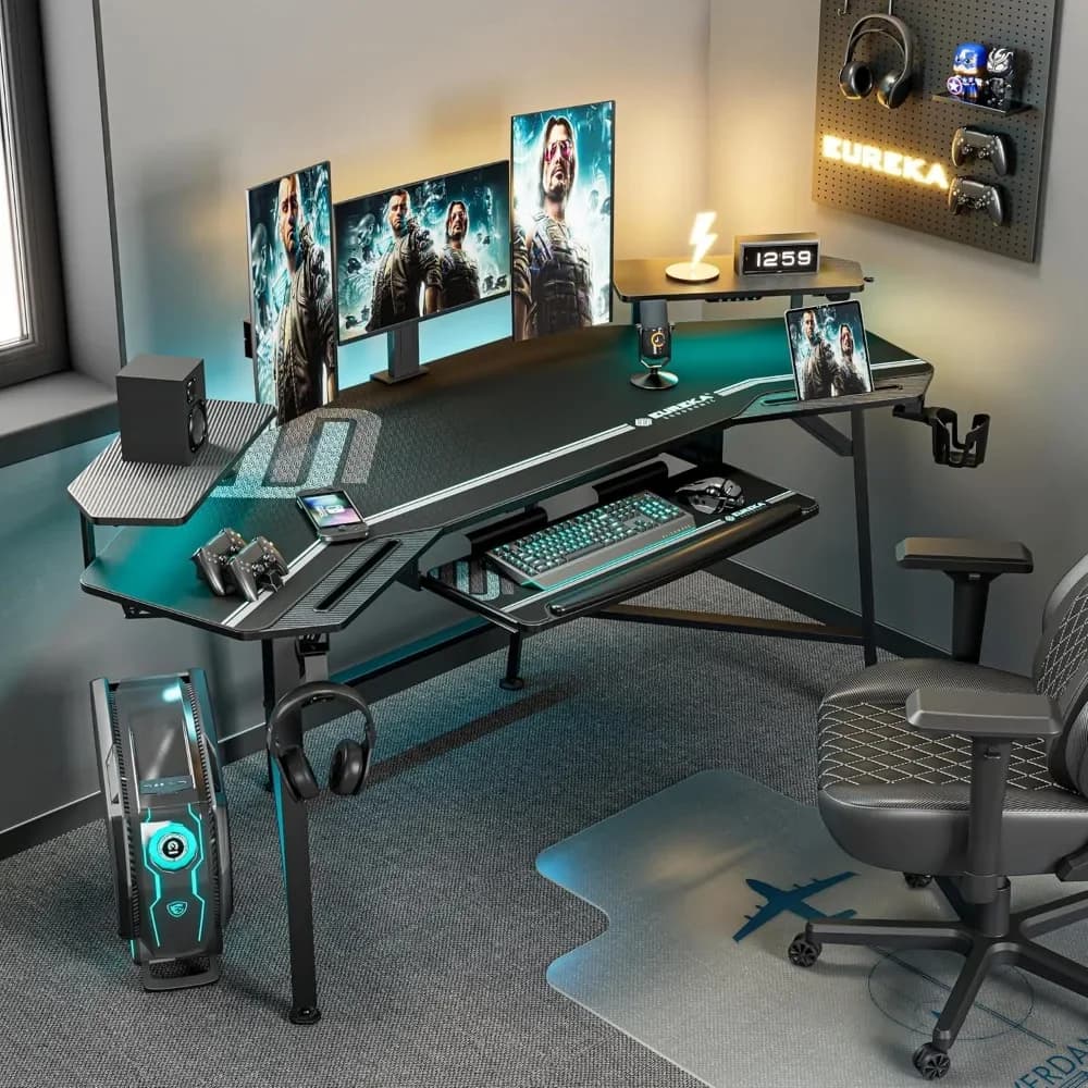 Scrivania da studio grande da 72 pollici a forma di ala con vassoio per tastiera, supporto per monitor, doppia cuffia