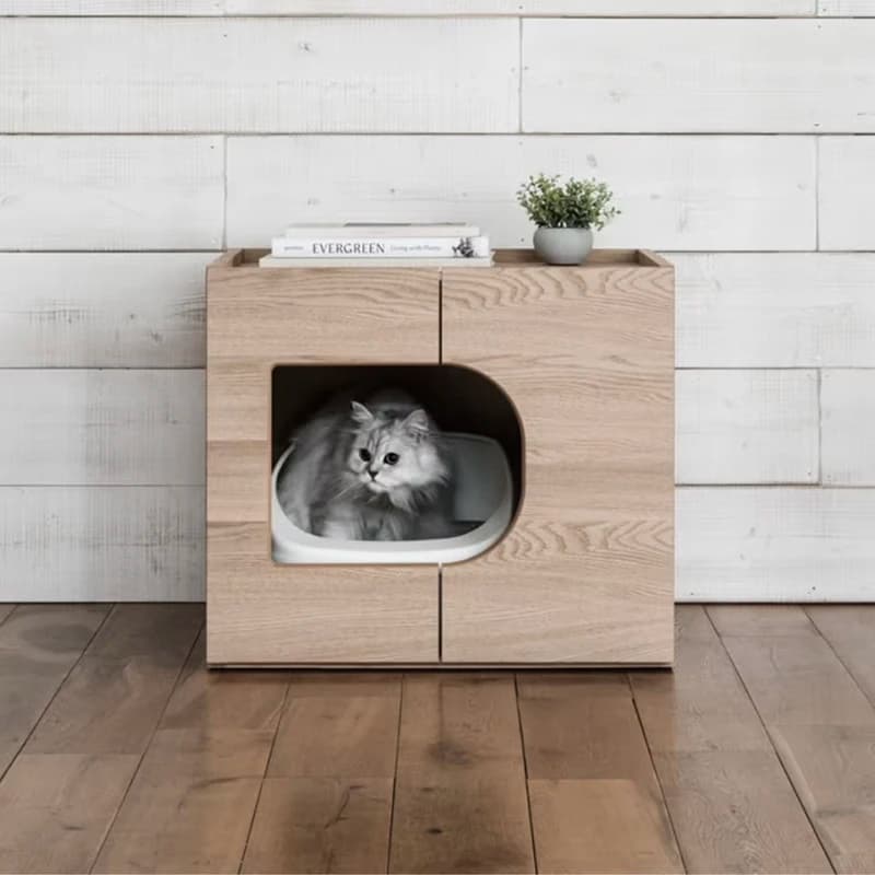 Mobiletto per lettiera in legno massello di quercia/noce con contenitore integrato, casetta per gatti da interno, decorazione premium per la casa