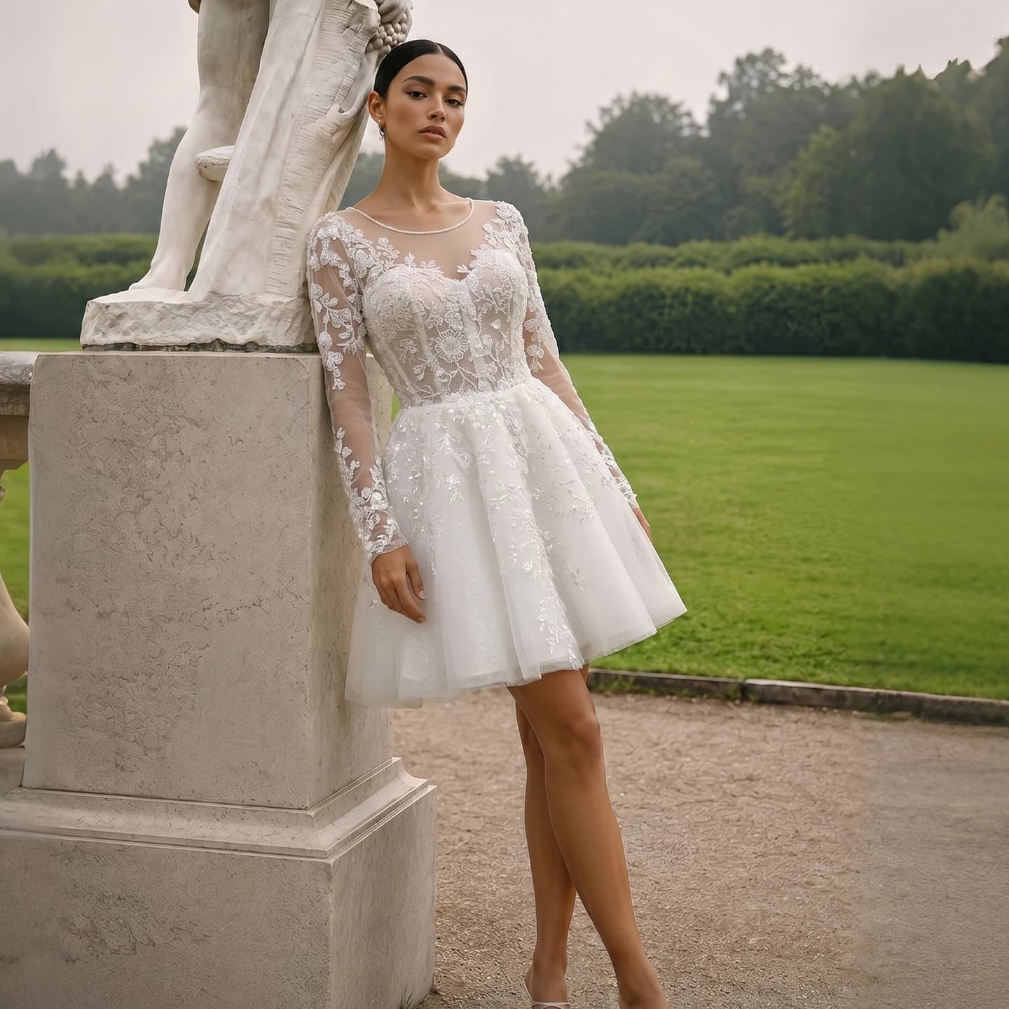 Abito da Sposa Corto Sharon Said di Lusso in Pizzo a Maniche Lunghe con Paillettes e Perline, Mini Abito da Sposa Personalizzato SW721