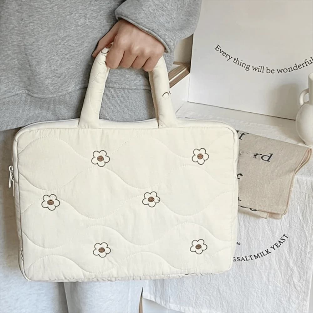 Single Shoulder Laptop Sleeve Cover Bag Solid Color Flower Quilting Computer Protective Case Lightweight Shockproof