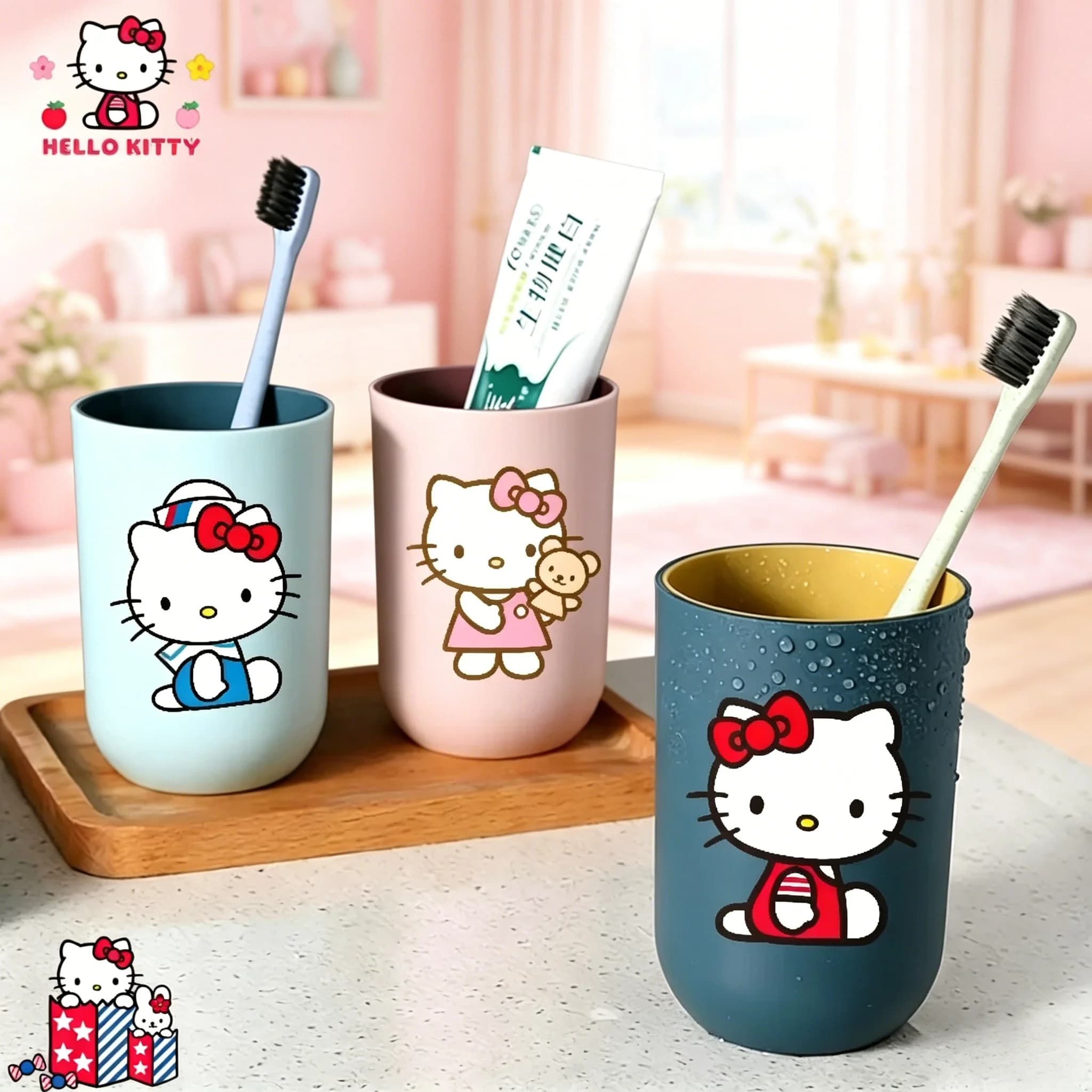 Tazza Portaspazzolino Kawaii Hello Kitty, Contenitore in Plastica per Spazzolino, Portatile per Uso Quotidiano, Elegante Accessorio per il Bagno