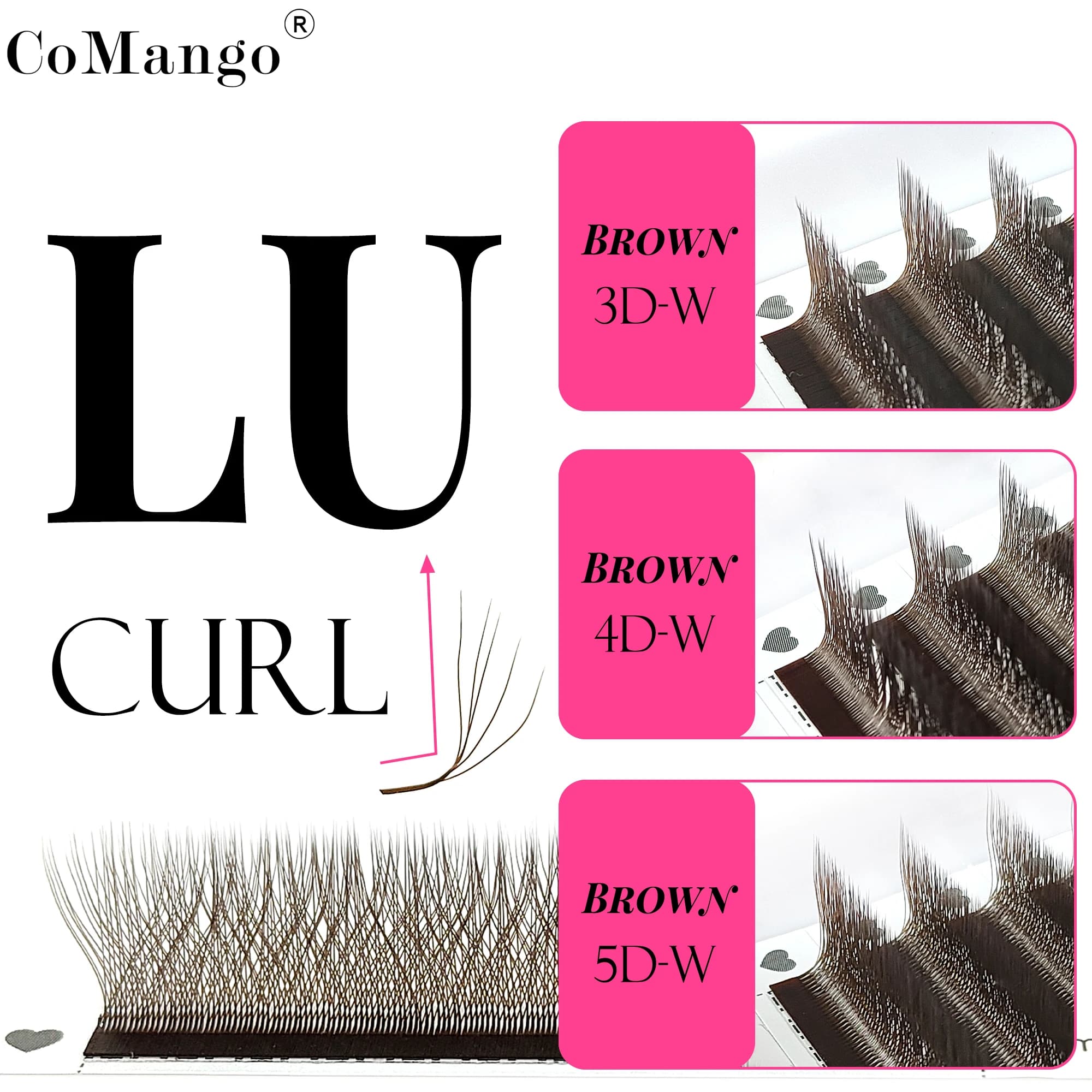 CoMango Faux natural brown 3D/4D/5D W-shaped eyelashes, single soft C/D/LU.