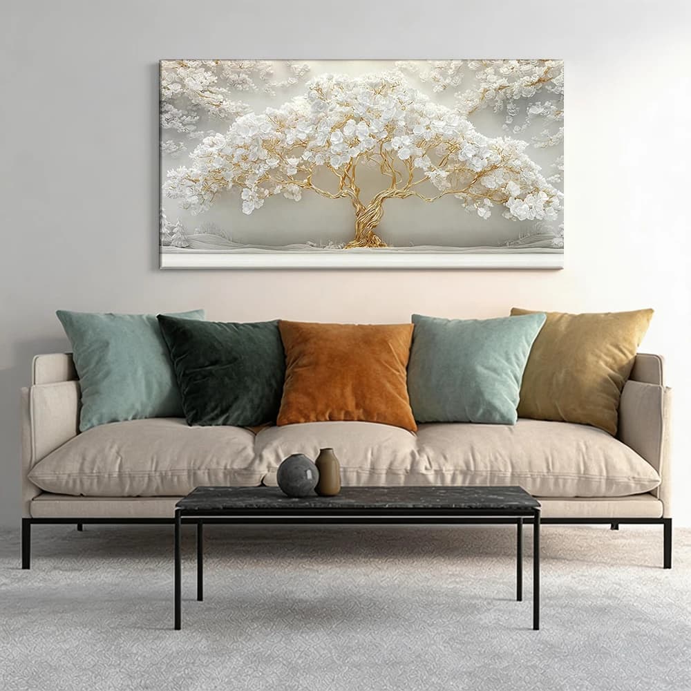 Painted on canvas with large wooden frame, 1 piece, tree-shaped wall decoration, petals.