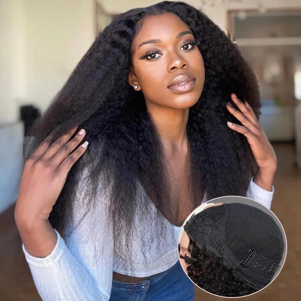 Kinky Straight 3 in 1 Half Wig Human Hair for Women 200% Density Glueless Wear & Go No Lace Flip Over Half Wig Beginner Friendly Seamless Clip In Wigs