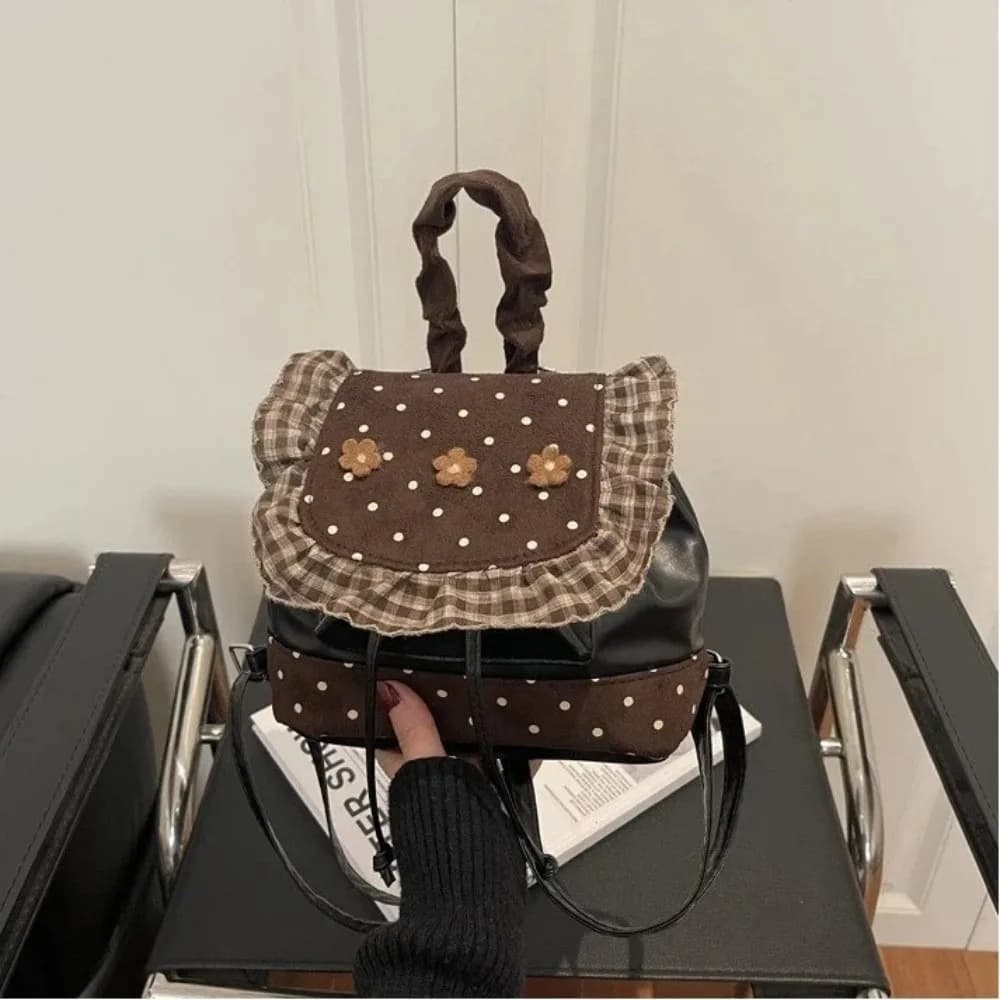 Mini Zaino con Bordo in Pizzo Stile Coreano, Borsa a Pois in Pelle PU con Fiori per Studentesse