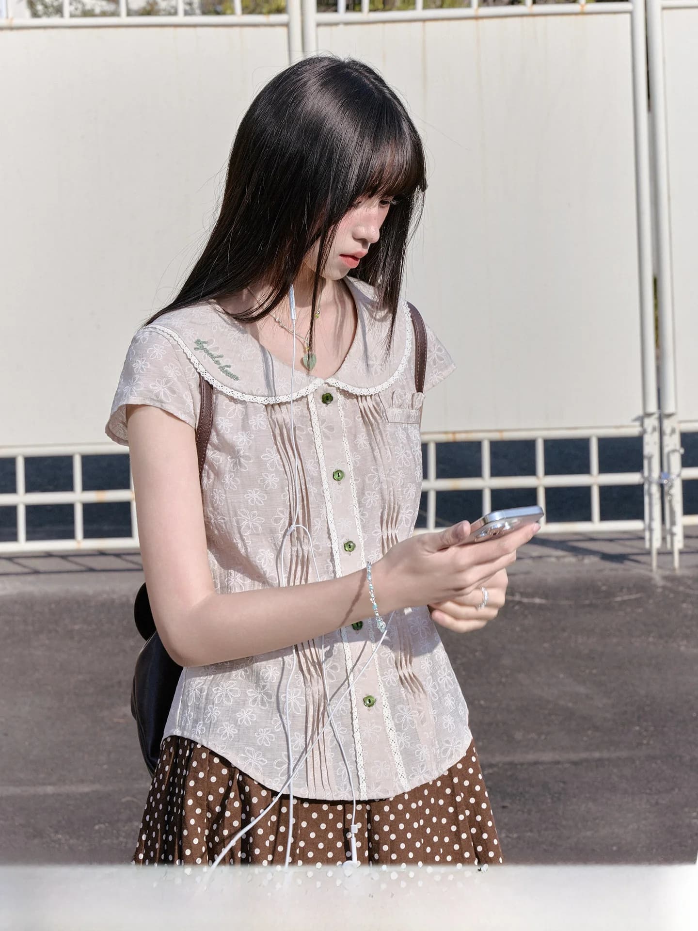 Cute Polka Dot Skirt Doll Collar Top Women's Clothing Summer Collection Fashionable Japanese Style Floral Print Blouse