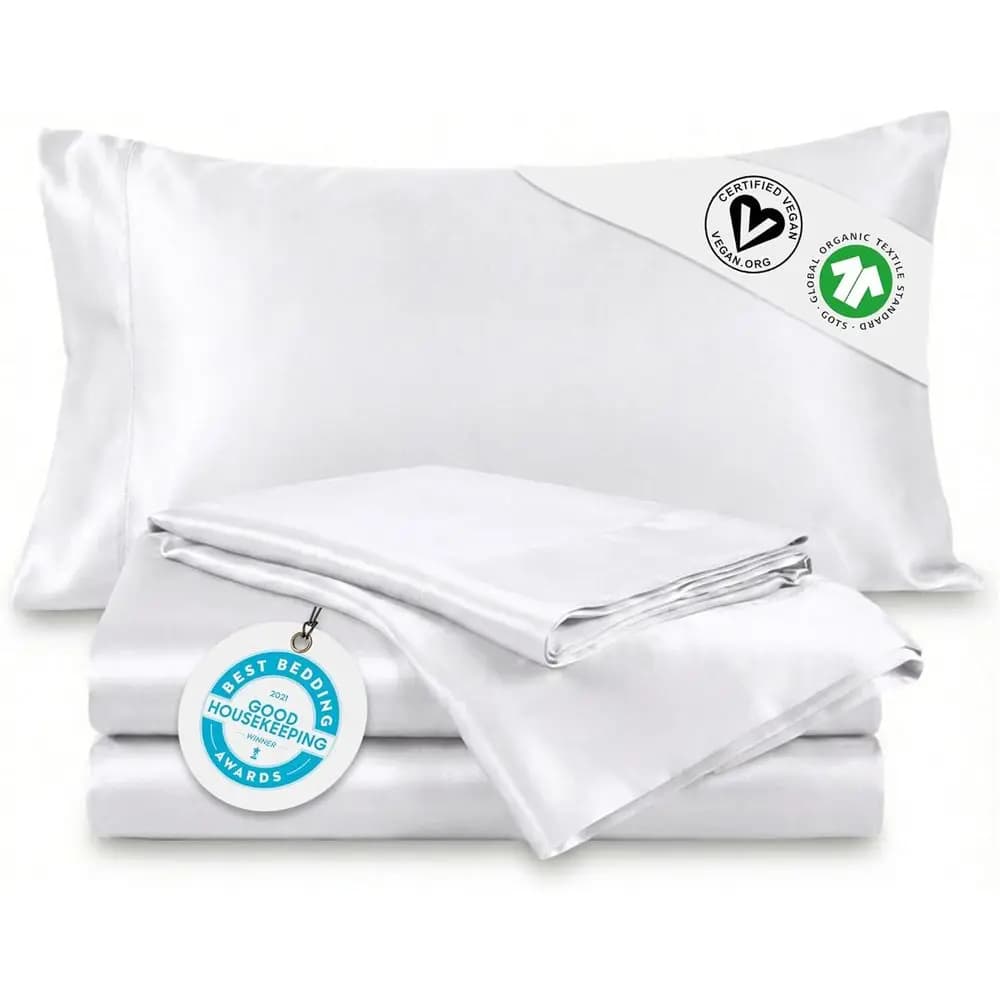 Organic Cotton Bed Sheet Set, GOTS and Vegan Certificate, 300 Wires, Satin, Tasche Profonde, Lightweight, For All Seasons, 3 Pieces, White