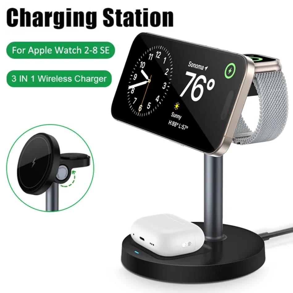 Wireless Magnetic Desktop Charger 3 in 1 for iPhone 17 15 14 13 12 Pro Max Samsung Huawei Xiaomi for Apple Watch AirPods Pro