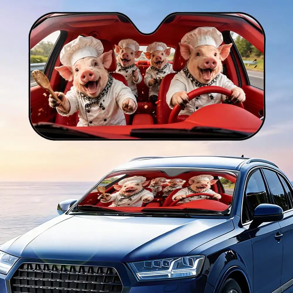Parasole per Auto a Forma di Maiale in Costume da Chef, Protezione UV Riflettente Pieghevole, Copertura Isolante dal Calore