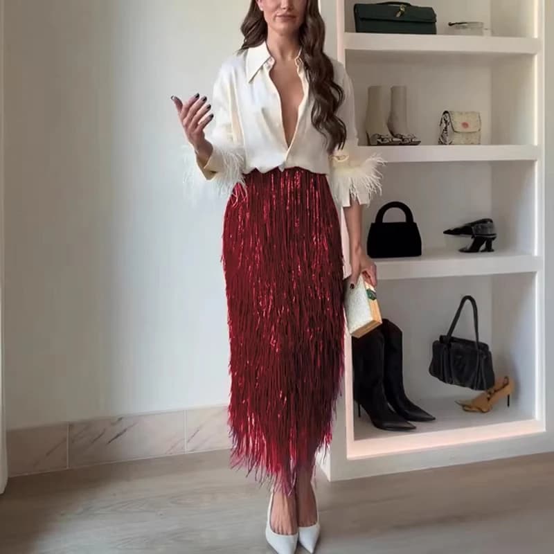 Women's Casual Party Gonna Long Sleeved Dresses Long skirt with sequins Dress with 2 pieces Shirt with twisted buttons and skirt with fringes