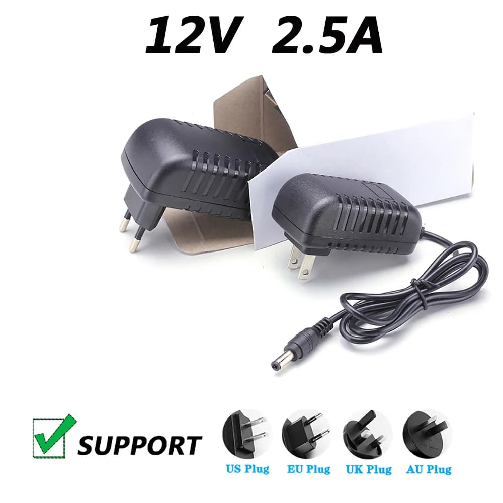 Adattatore di alimentazione CC 12V 2.5A Lettore video multifunzionale Cavo di alimentazione regolato CC 5,5 * 2,5MM US EU AU UK PLUG