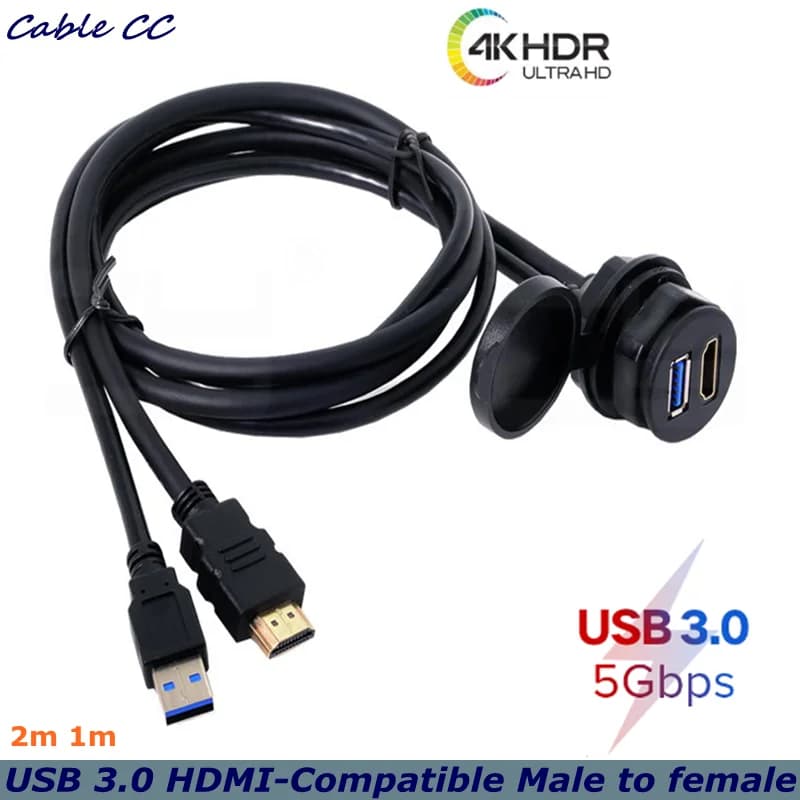 USB 3.0 & HDMI-Compatible Male to Female Dashboard Waterproof Embedded Installation Cable for Ships, Automobiles and Motorcycles